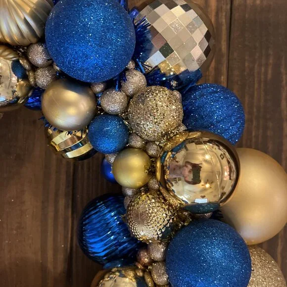 Handmade Blues & Golds Shatterproof Ball Wreath Gender Party Shower Christmas Wreaths